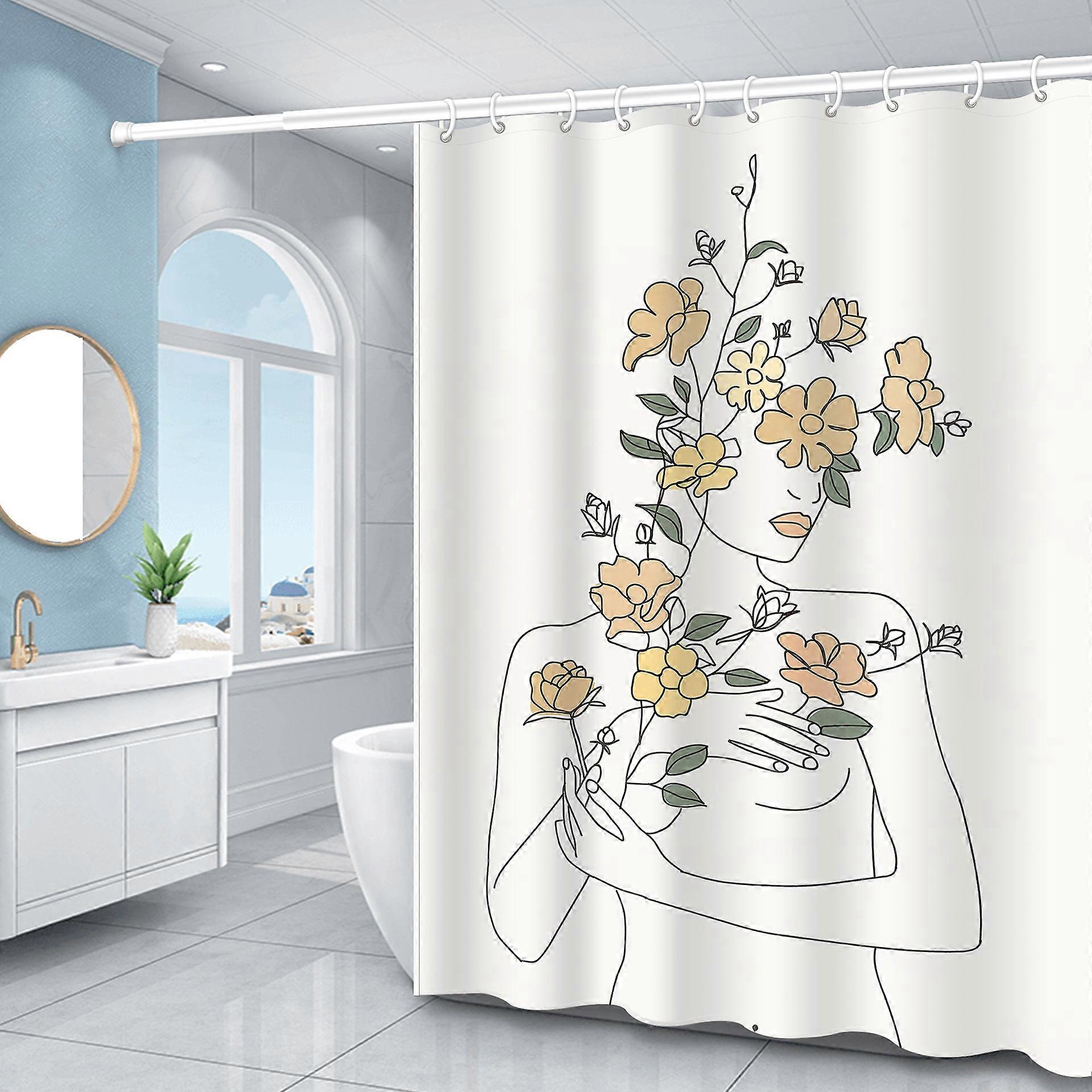 Modern Art Abstract Woman Shower Curtain 180 x 180 cm with 12 Hooks for Bathtub, Minimalist Girl Bath Curtain Polyester Fabric Mildew Proof Waterproof