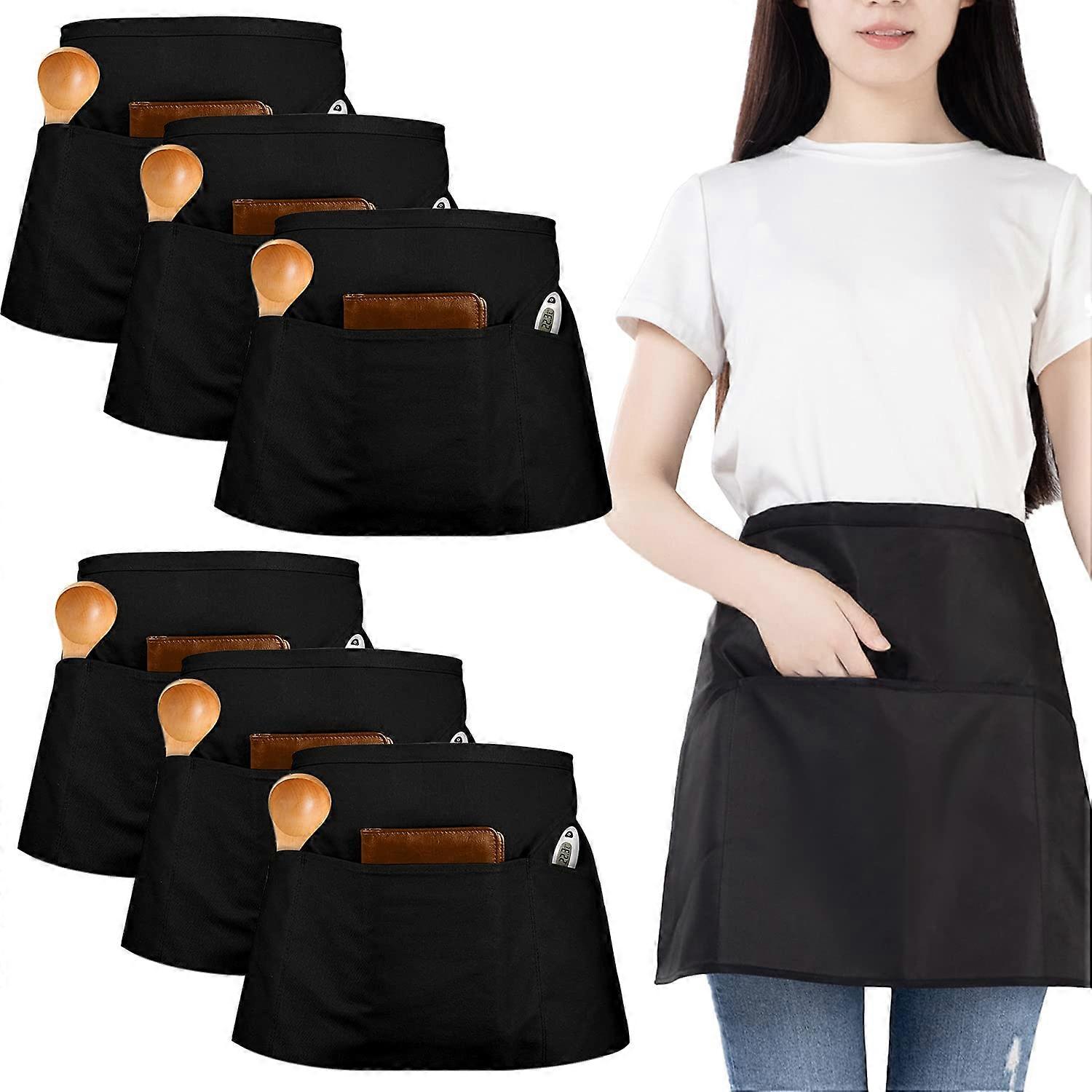 6 Pack Black Waist Apron, Waitress Apron with 3 Pockets