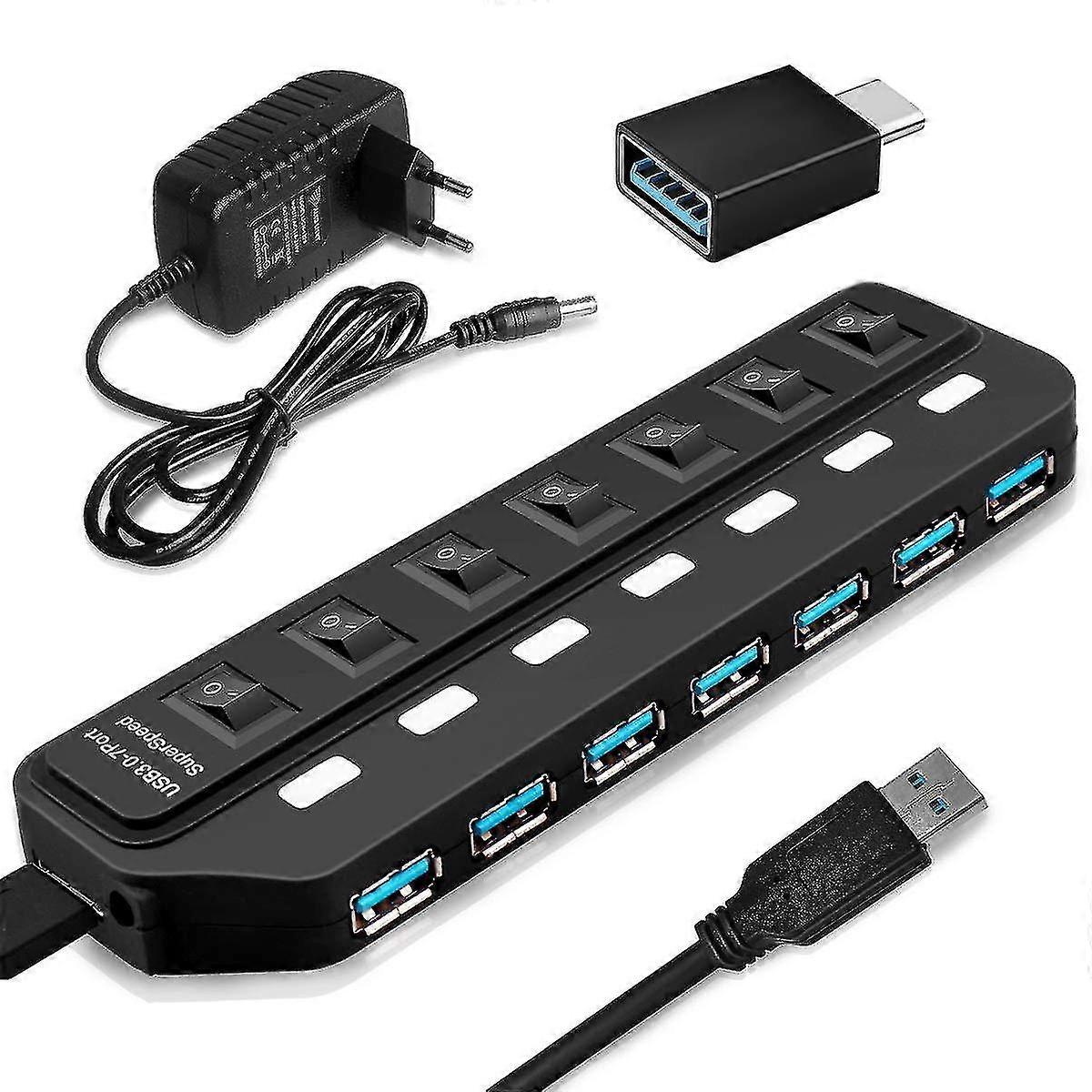Usb Hub Powered 3.0 USB Data Hub met individuele LED Power Switches Usb Splitter Ondersteuning Super Speed Data Transfer