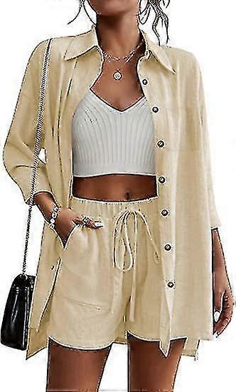 Donne 2 pezzi Outfit Set Cotone Lino Button Down Camicia e pantaloncini Lounge Tracksuit Set