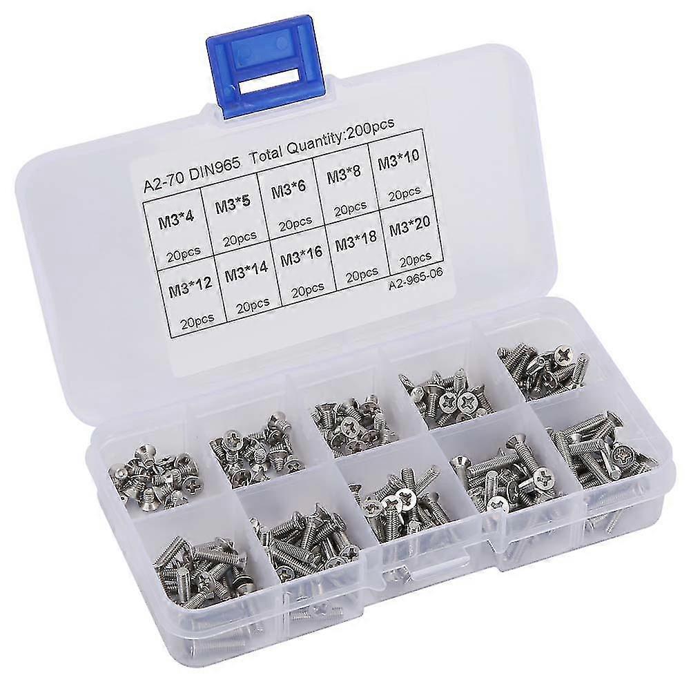 200pcs M3 Cross Flat Head Screw Set - Sizes: M3*4 to M3*20