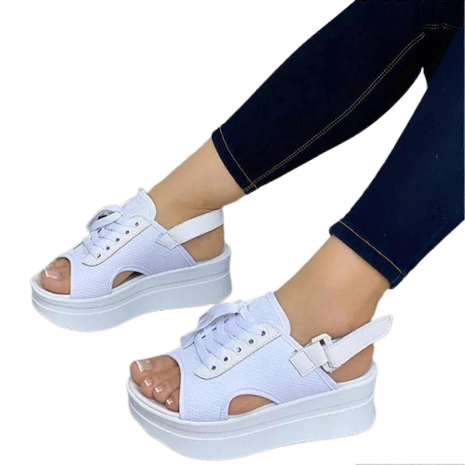 Women Chunky Platform Sandals Tie-up Upper PU Shoes Hook & Loop