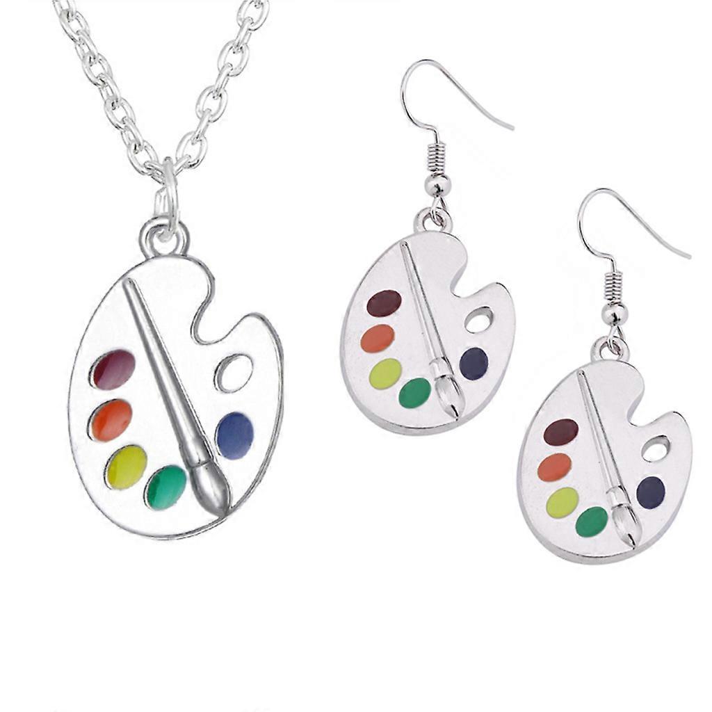 Classy Rainbow Colour Paint Brush Palette Necklace Drop Hook Earrings Kit