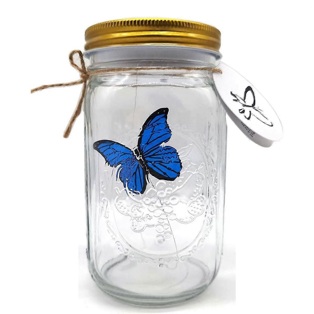 Simulation Butterfly Collection in a Jar, Butterfly Jar That Moves, LED Light Romantic Glass Animated Butterfly Blue