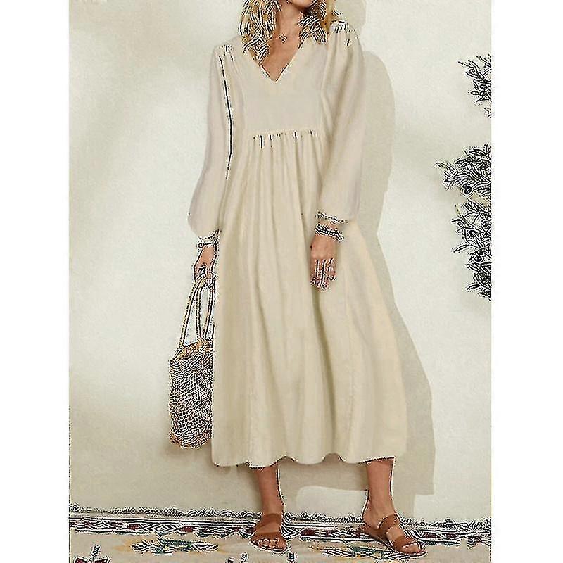 Kvinder Sommerkjole Dame Forårsmode Dametøj Bomuld Linned Løs lanterne Ærme Kjole-MXBC