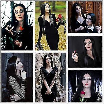 Morticia Addams Perücke – 70 Cm Lange Schwarze Gothic-Perücke Mit Zubehör Für Cosplay & Partys