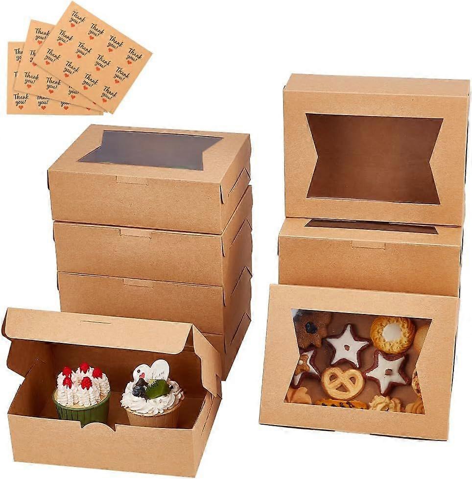 20 Packs 8x6x2.5 Inch Kraft Paper Box Brown Bakery Boxes with Clear Window Treat Gift Boxes with 3 Sheets Stickers for Display Cookie Donut Pie Muffin
