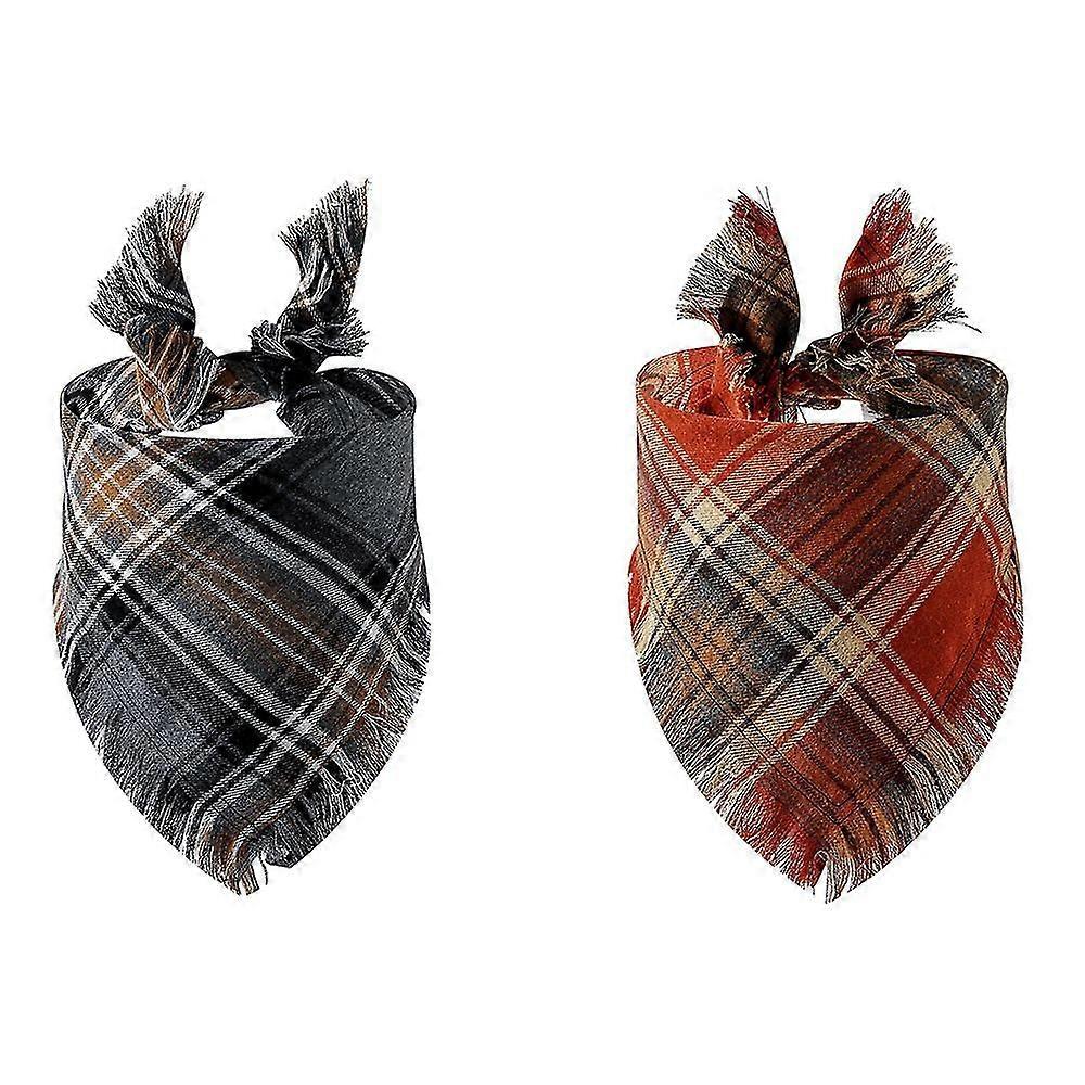 Plaid Dog Bandanas, 2 Pcs Reversible Triangle Dog Scarf With Tassels Edges,1723