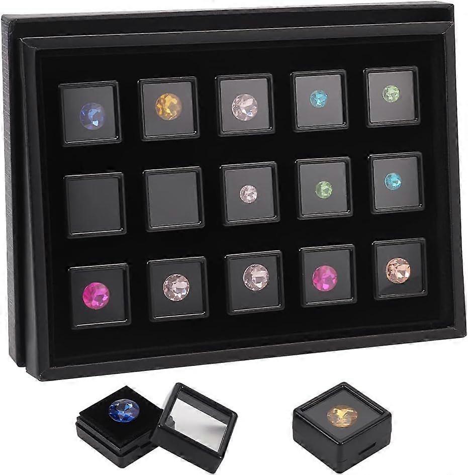 15 Pack Gemstone Display Box Black Diamond Display Case Jewelry Box Container with Clear Window for Treat Gems Coins Diamond Gift Packing 1.1x0.65inch
