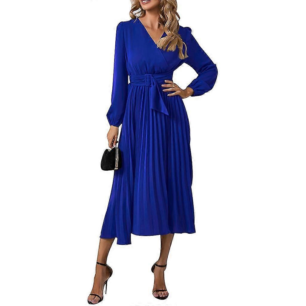 Femmes Manches Midi Ceinturées Robe D’invitée De Mariage L Bleu