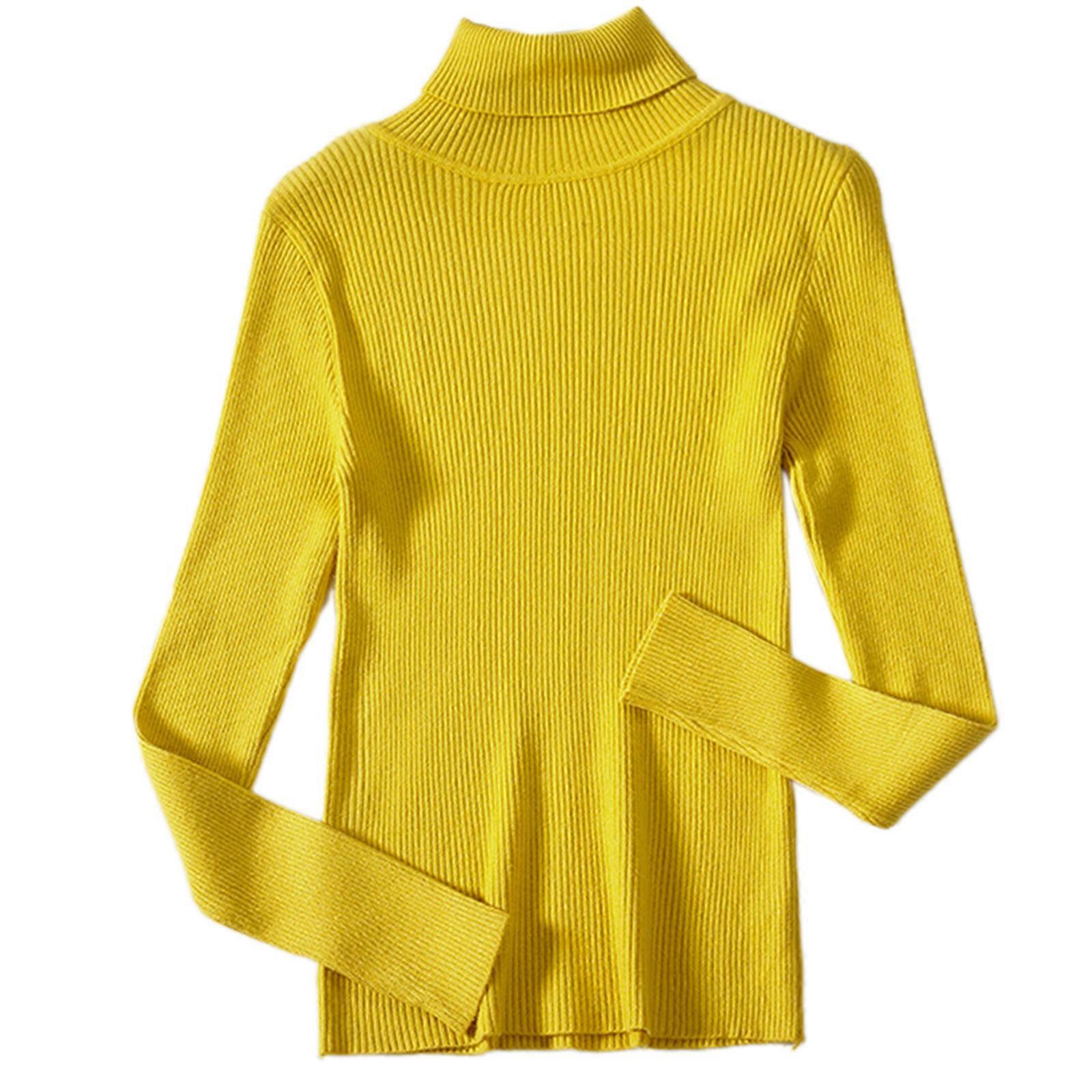 Womens Slim Fitted Lightweight Long Sleeve Turtleneck Sweater Ribbed Knitted Solid Basic Bottoming Pullover Jumper Top  Yellow