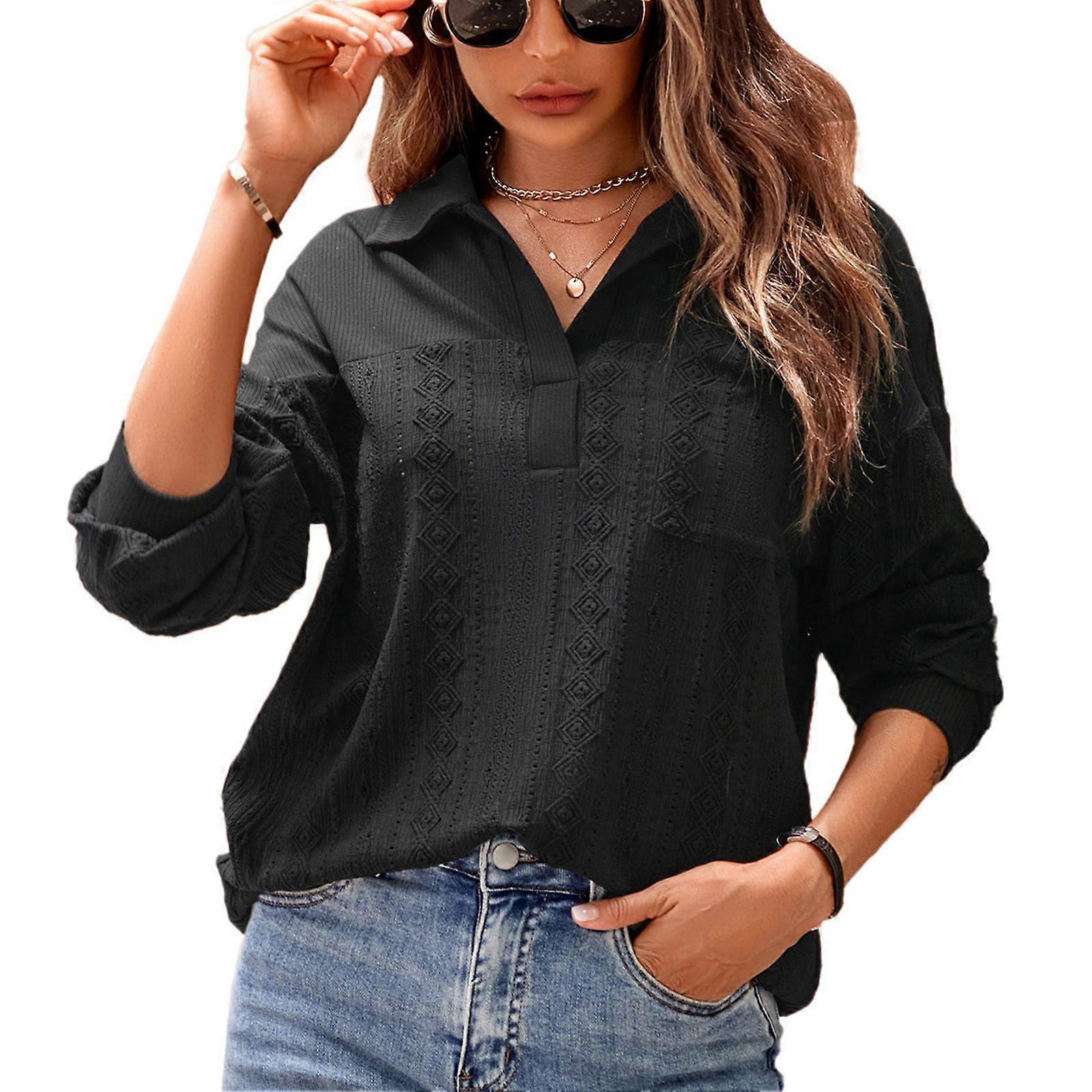Women Turn Down Collar Pullover Long Sleeve V Neck Collared Plain Pattern Textured Patchwork Loose Blouse Top