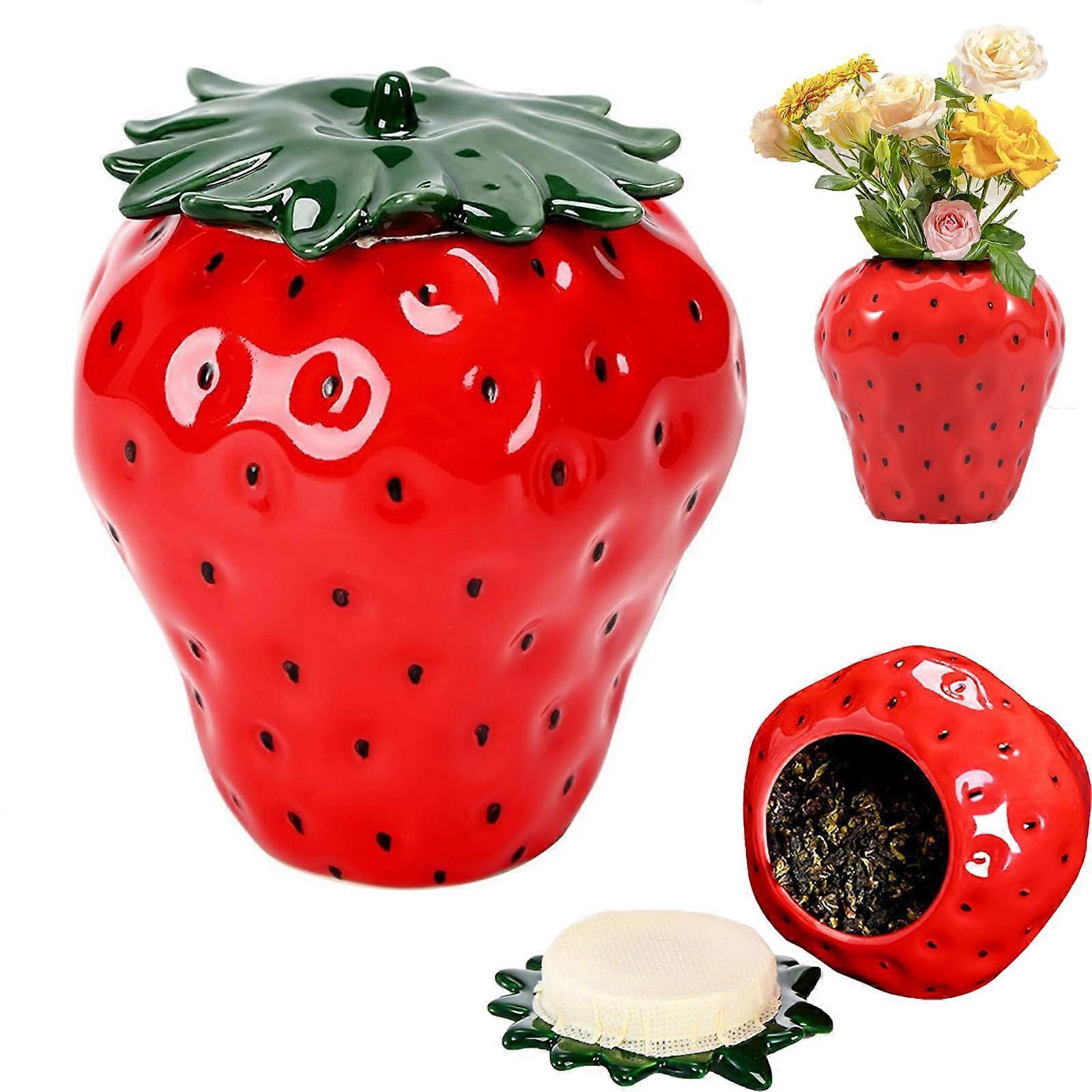 Strawberry -shaped jar -shaped tin box, ceramic strawberry cookie jar, kitchen spices storage (Red)