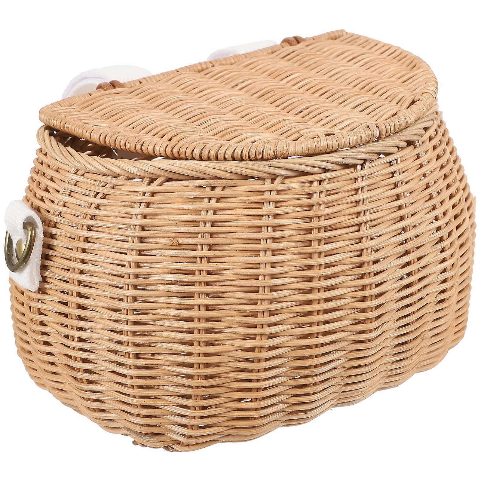 Kids Bike Basket Wicker Basket for Tricycles, Finely Woven Rattan Basket with Lid and Shoulder Strap for Handlebar Use