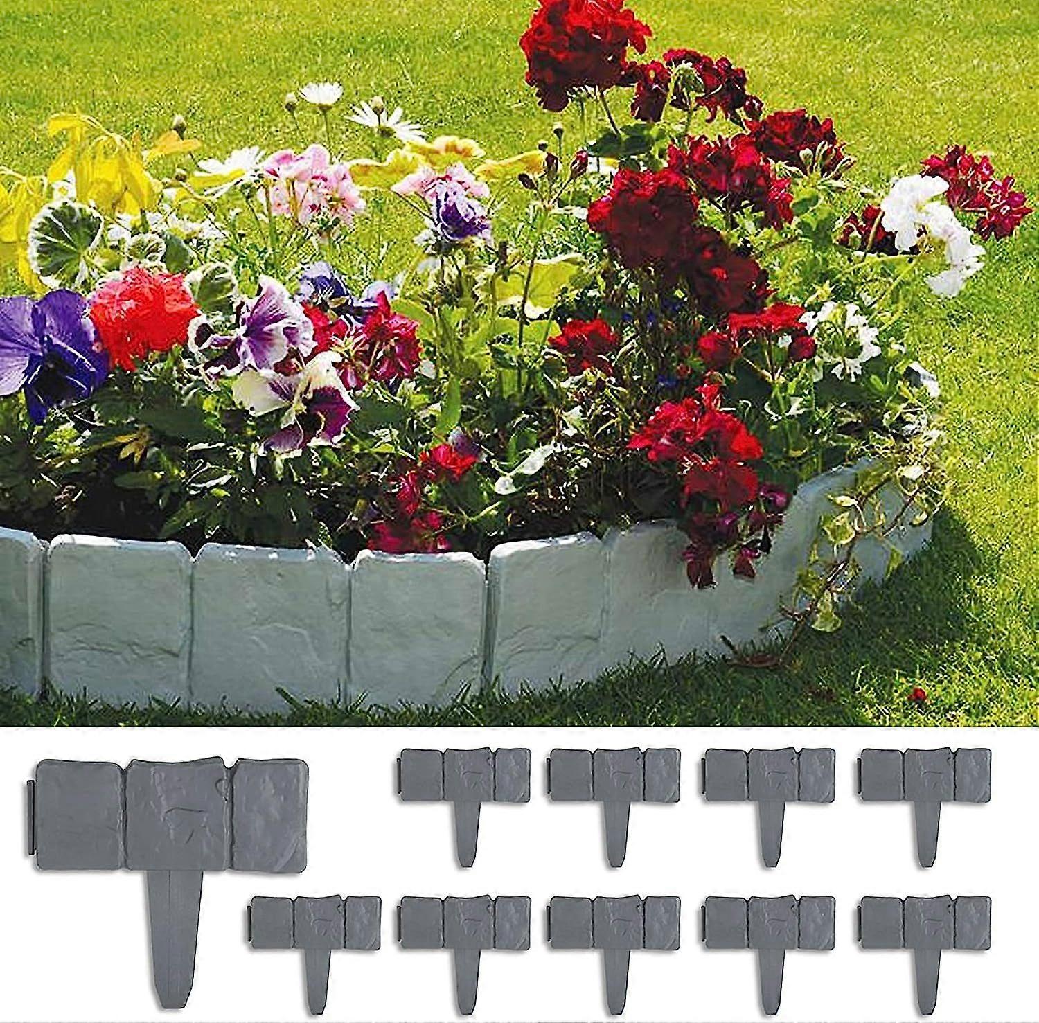 10 Pcs Garden Edging 7.5m Lawn Edging Fence Stone Effect Edge the Lawn Gray Decorative Garden Edging