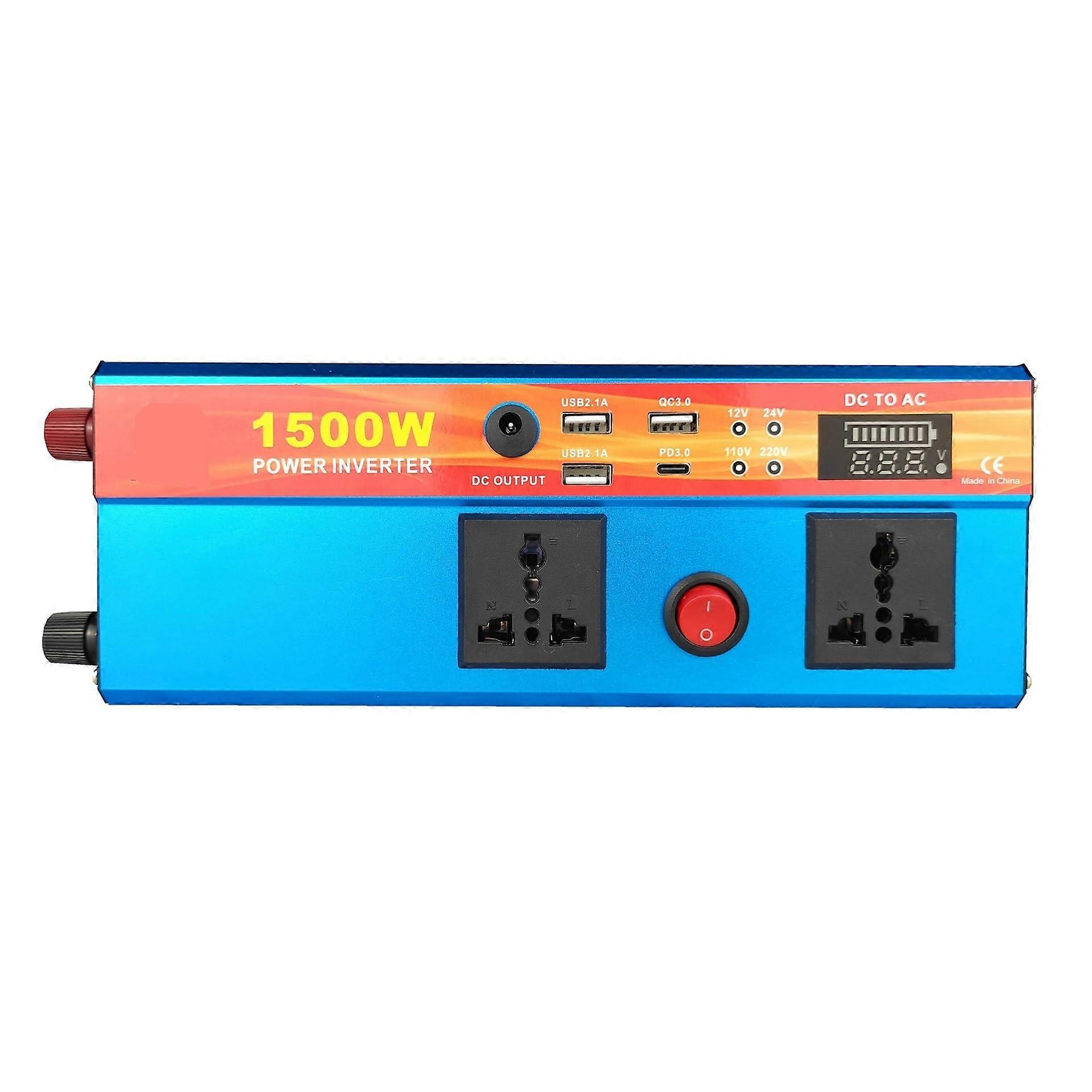 1500W Car Inverter 12V/24V to 110V/220V with 3 USB Ports, Type-C Interface, LED Screen, Compact Size