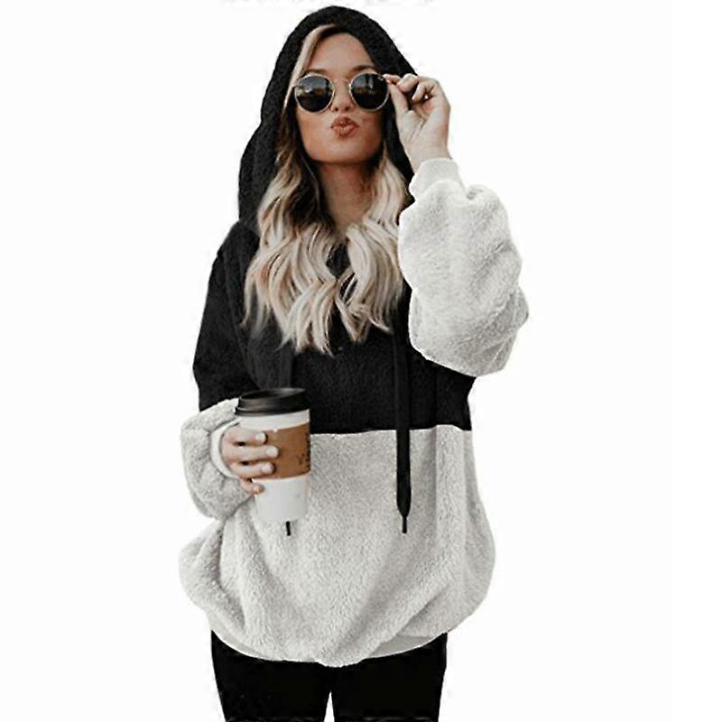 Ladies Loose Casual Stitching Hit Color Hooded Drawstring Plush Warm Sweater