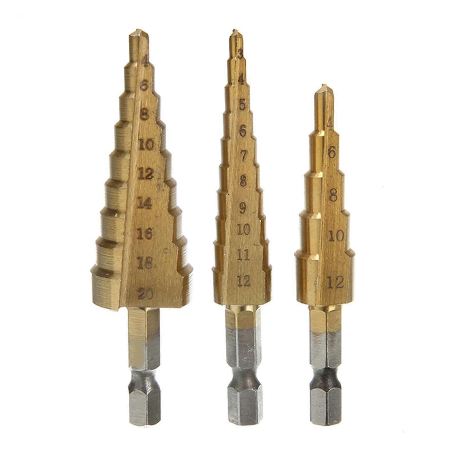 Step drill, carbide step drill, 3 pieces, 3–12/4–12/4–20 mm, highspeed steel, step cone drill set, titaniumcoated hole cutter, DIY woodworking tool