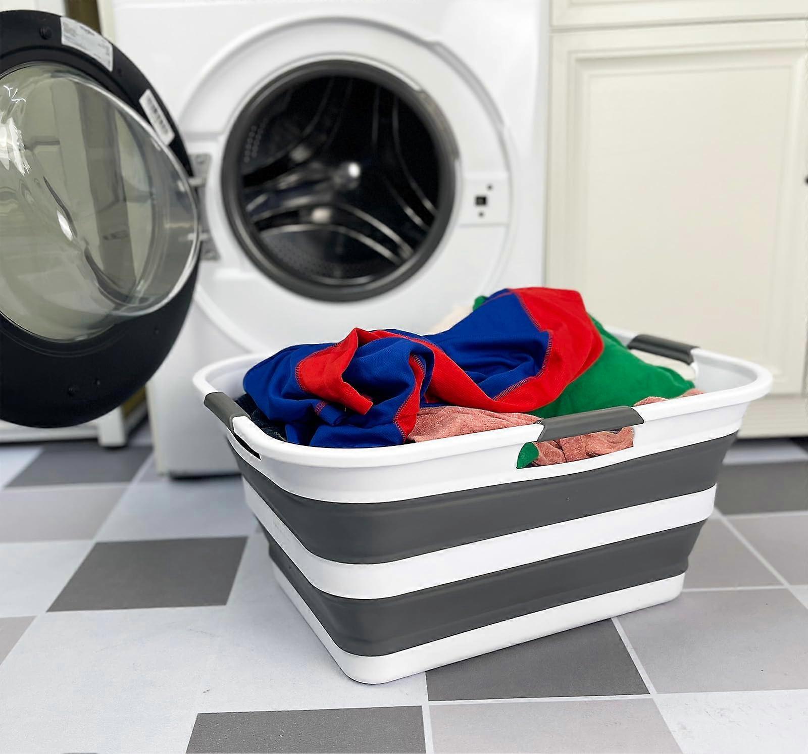 Collapsible Plastic Laundry Basket, Foldable Pop Up Storage Bin, Space Saver (White/Steel Grey, 42L)