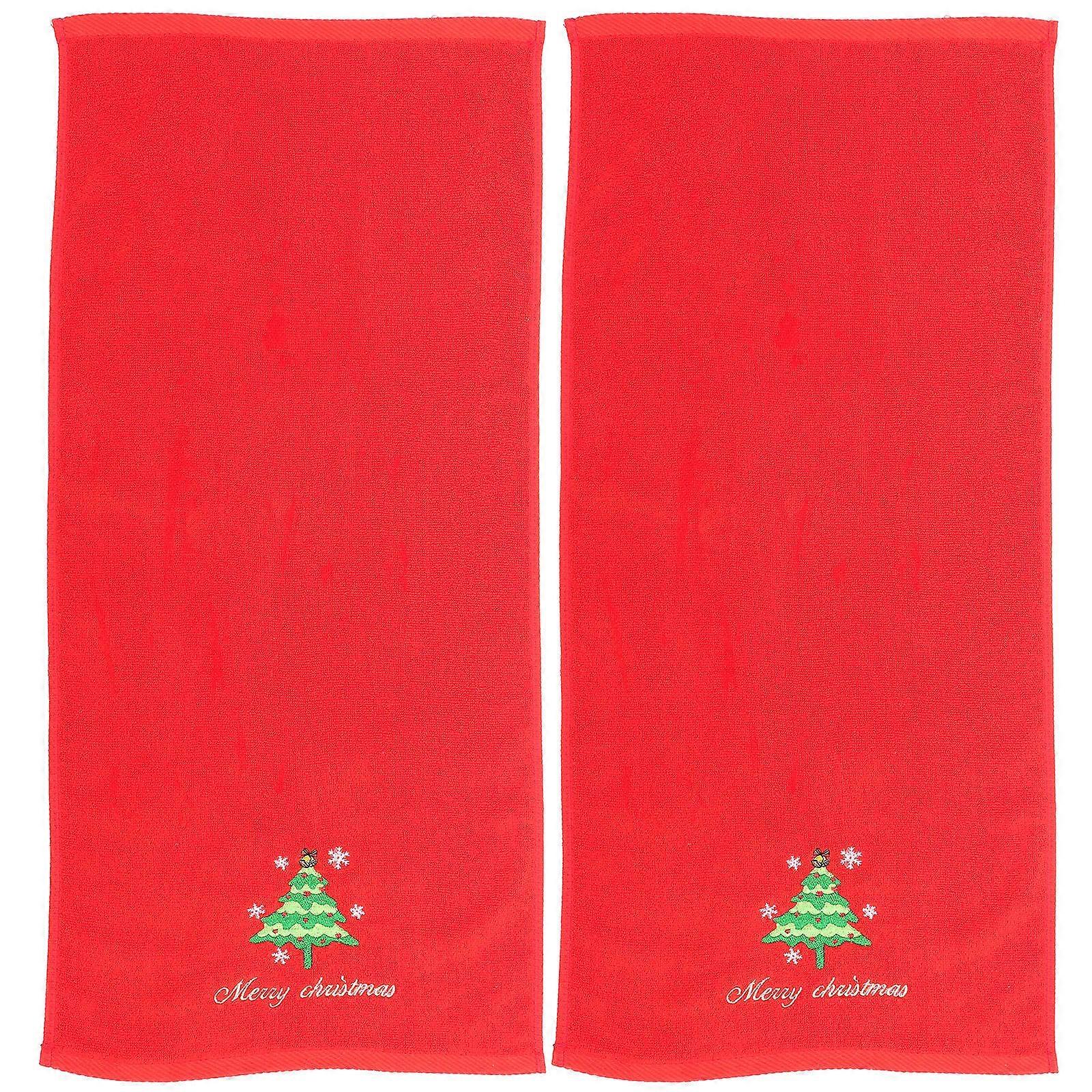 2pcs Soft Christmas Cotton Towels Embroidered Xmas Hand Towels for Bathroom Kitchen Home Use Red Festive Holiday Decor