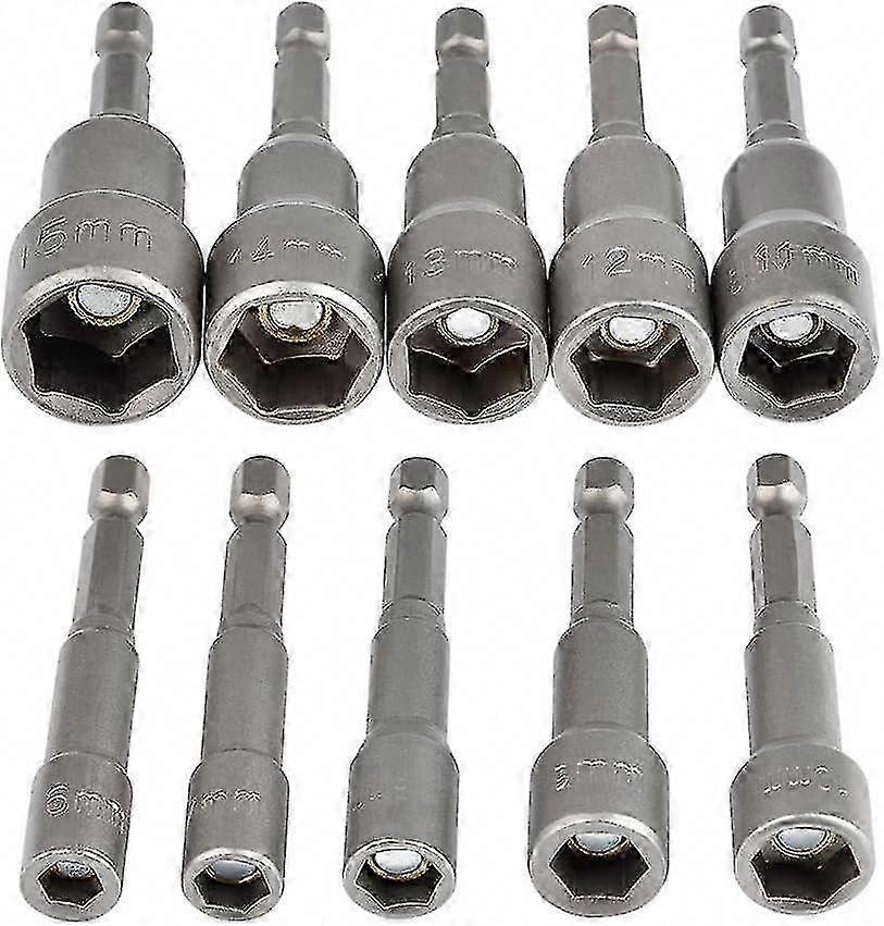 10Pcs Magnetic Hex Socket Set 6-15mm for Impact Driver, 1/4" Hex Socket Wrench Adapter Tool Kit