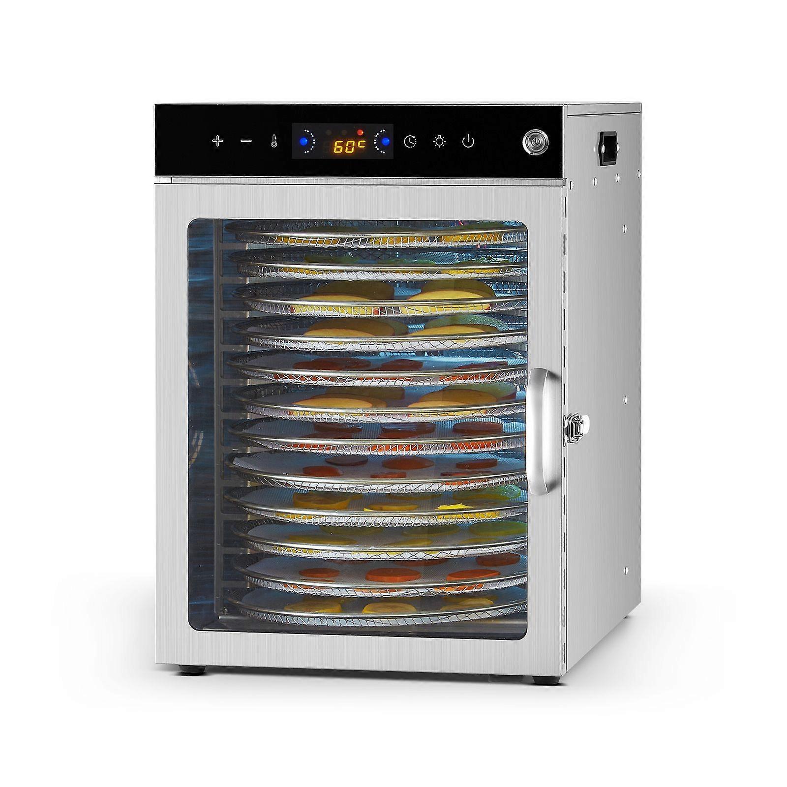 Roterende matdehydratormaskin, 12 brett i rustfritt stål, 800W elektrisk mattørker med justerbar temperatur og 24-timers timer