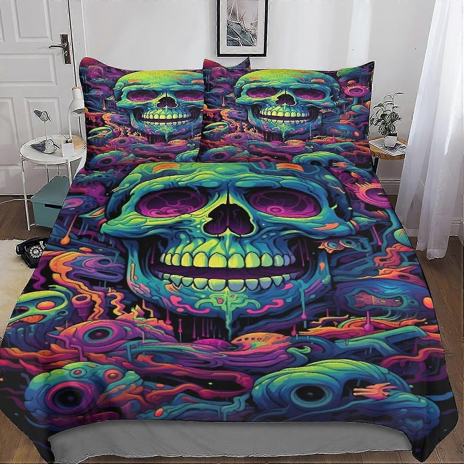 Floral Skull Bedding Set Duvet Cover Soft Microfiber, Evil Skeleton Quilt Cover with 3D Print Design, 3 Piece Set for Kids and Adults