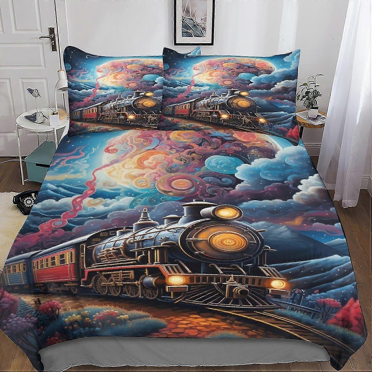 Conjunto de Cama de Capa de Edredom de Trem de Fadas 3 Peças de Poliéster de Microfibra com Fronha de Fechamento com Zíper