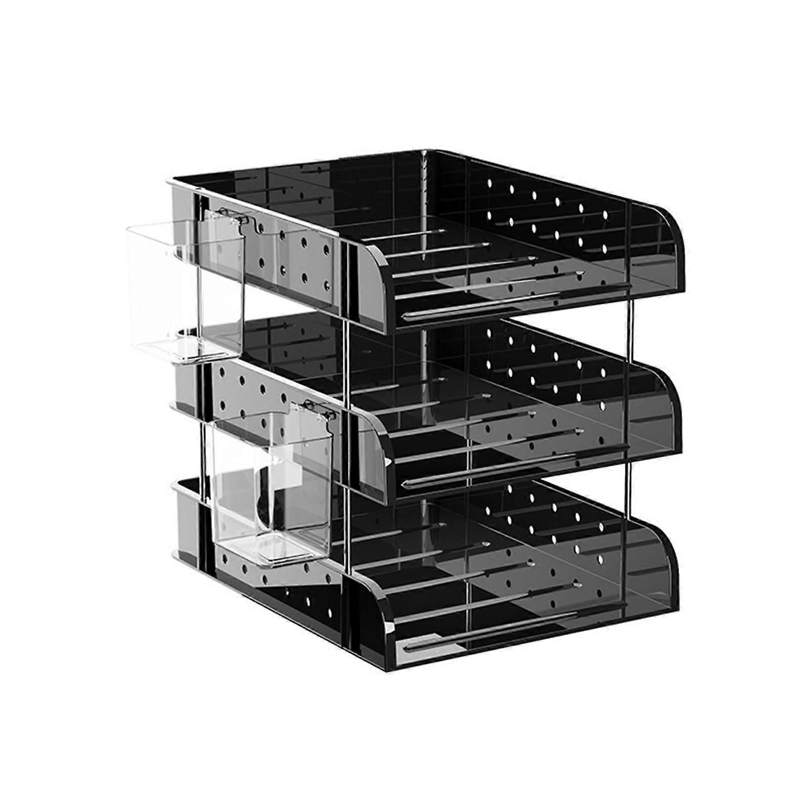 Document Organizer with Pen Holder, Stackable Multi-Purpose Desk Storage, Office File Holder, Black Plastic Etagere