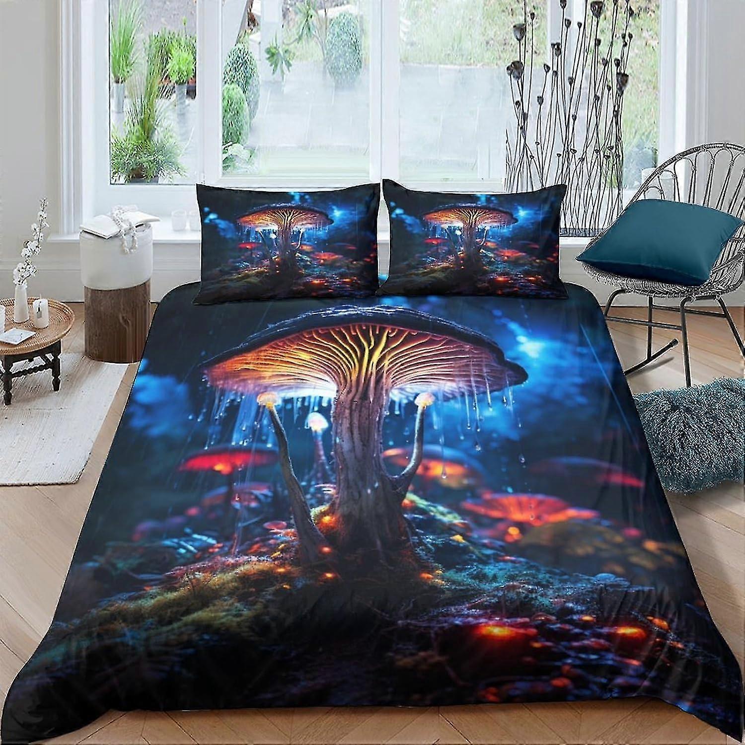 Conjunto de Capa de Edredom Cogumelos Fantasia Impresso Capa de Colcha de Floresta de Fadas para Decoração de Casa, Capa de Cama com Zíper Oculto de Microfibra Ultra Macia 3 P