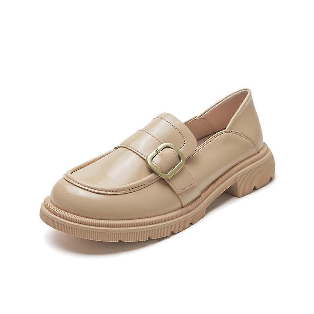 Women's Retro Heels Thick Sole British Style Comfortable Breathable Simple Loafers Fashionable Elegant Uniform Lifting Heels, Beige