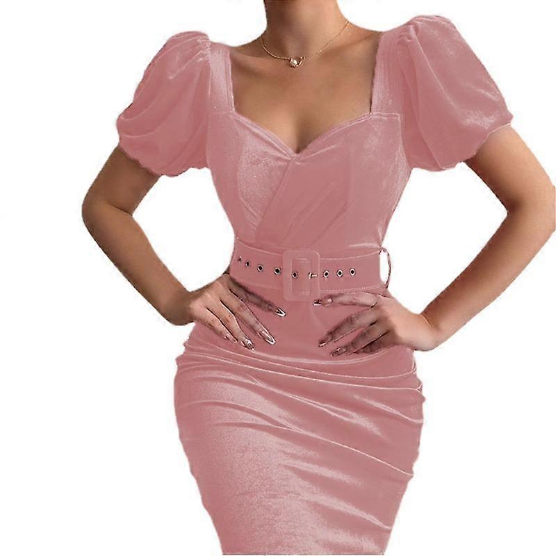 Spring Solid Color Corset Waist Display Breast Sexy Low Neck Bubble Sleeve Velvet Wrap Buttock Dress