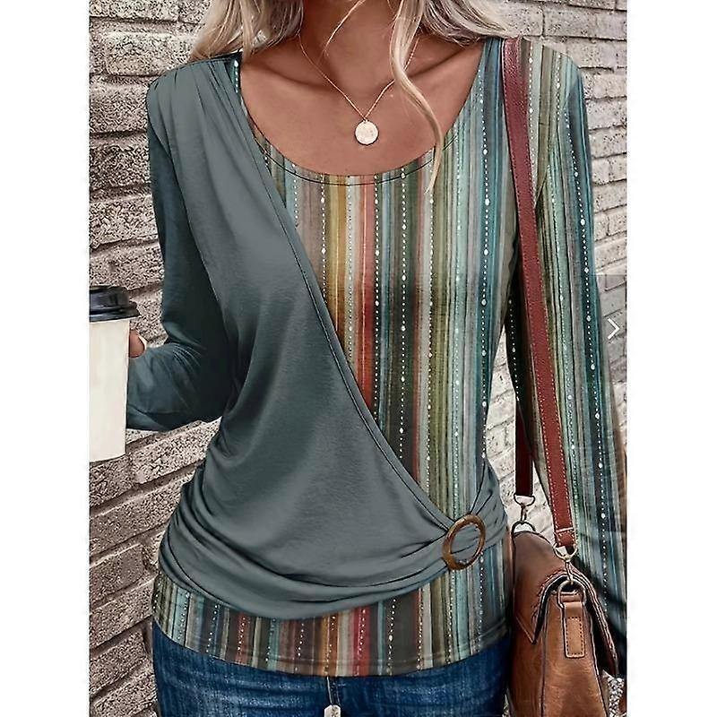 Women's Spring and Autumn New Round Neck Solid Colour Splicing Printing Casual Long-sleeved Loose Top T-shirt