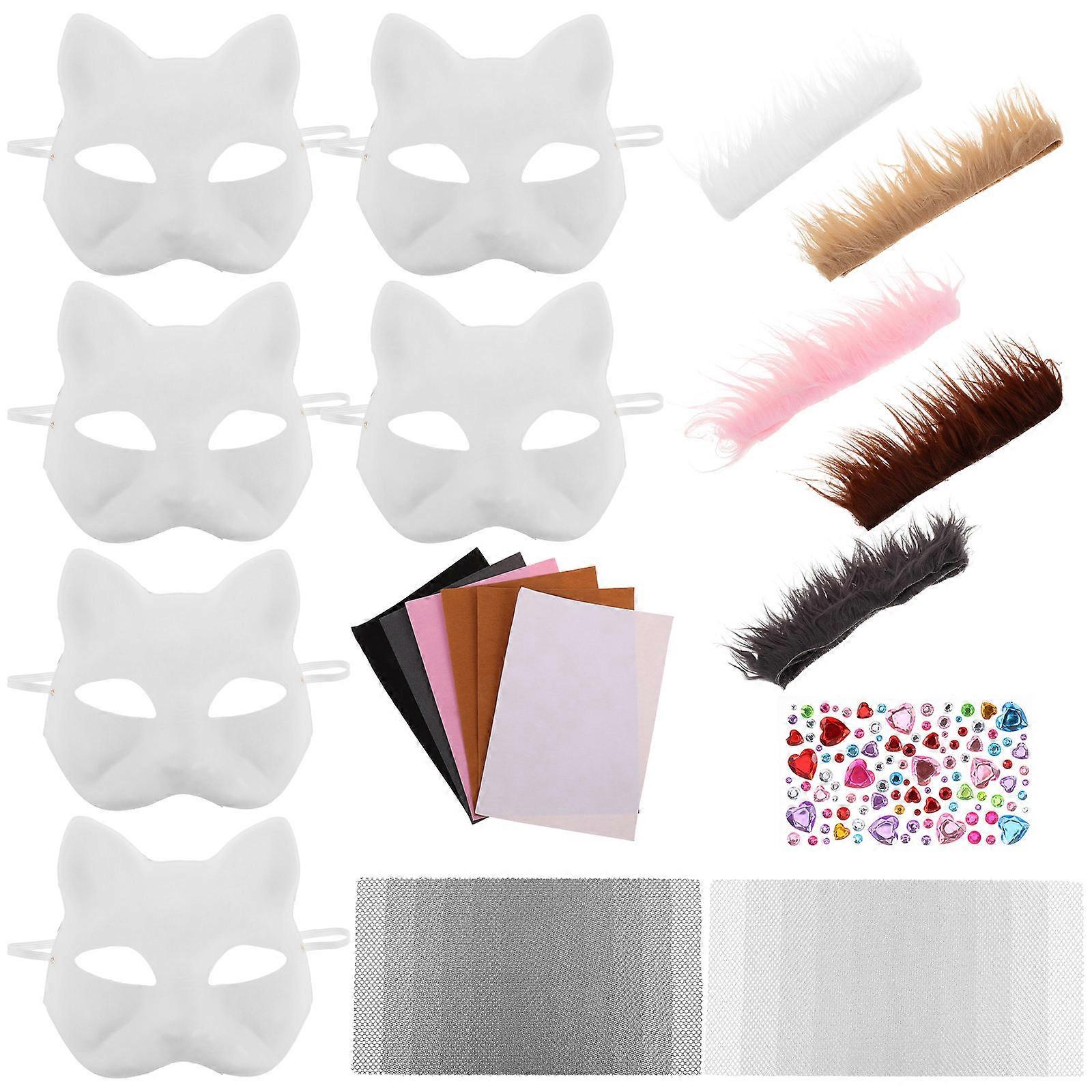 Cat Mask Kit for Halloween Cosplay with Paintable White Cat Masks 1Set