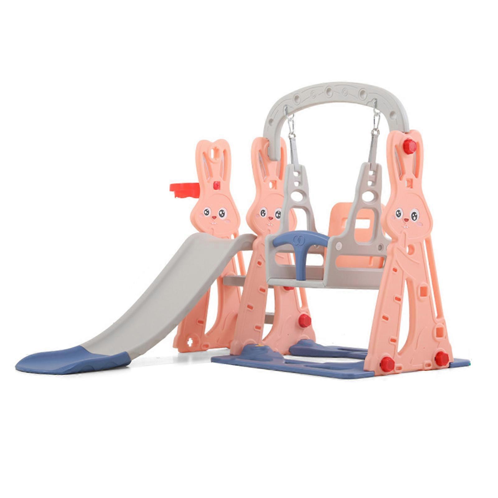 Adorable Rabbit Toddler Slide & Swing Set with Basketball Hoop - Pink Indoor Playground