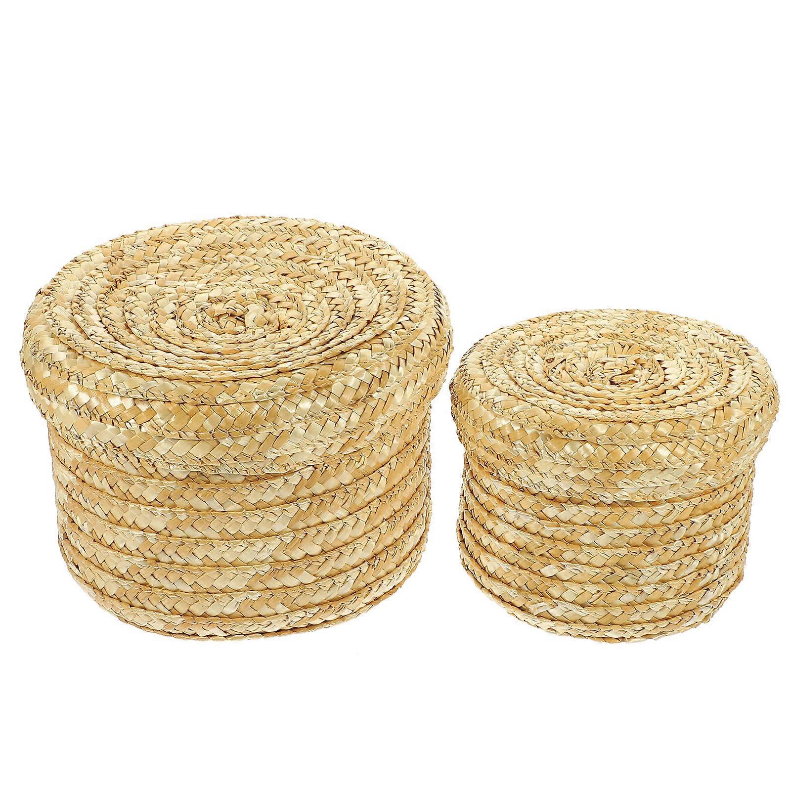 Beige Large Storage Baskets with Lid for Food and Snacks Made of Synthetic Material Practical Woven Design