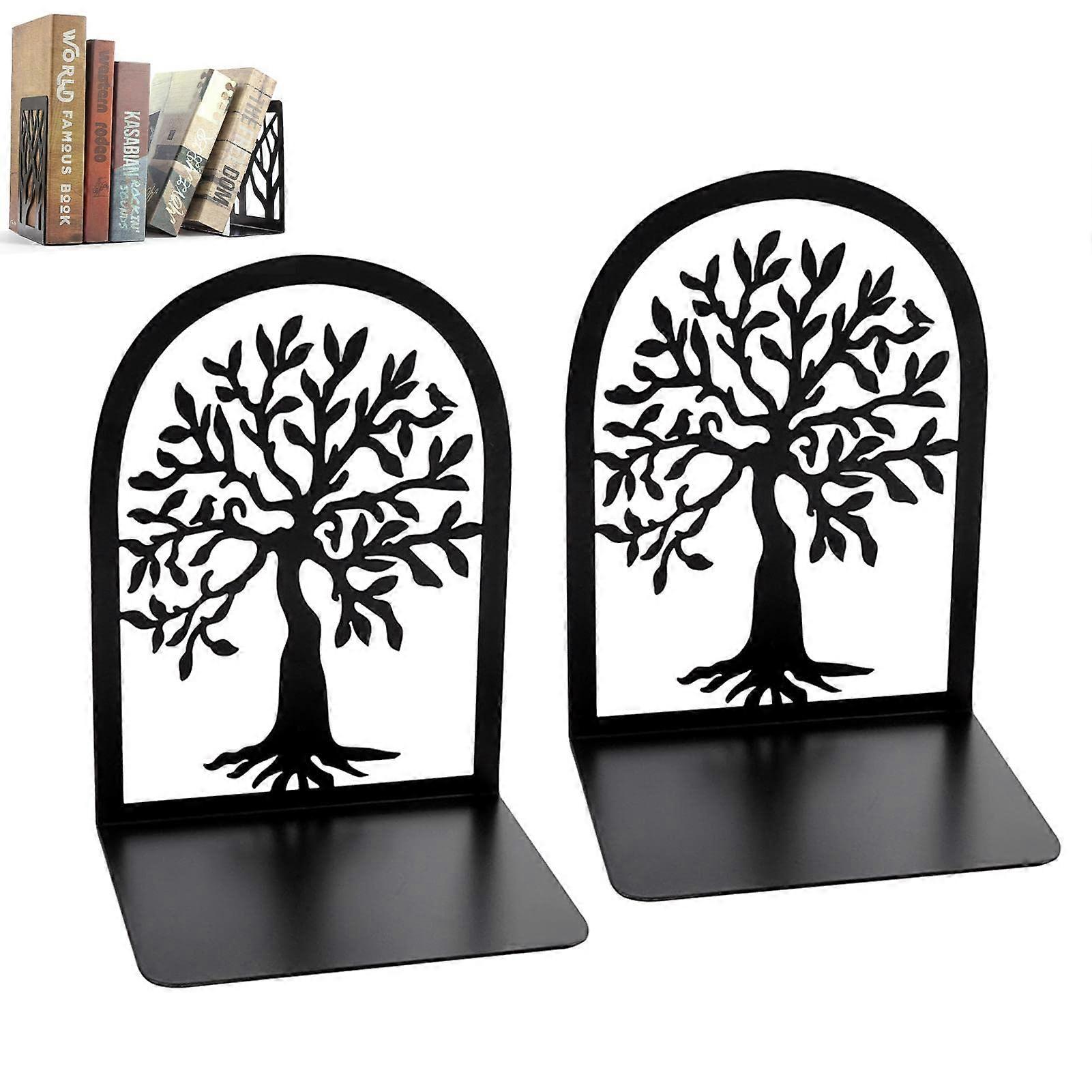 Metal Bookends Black Tree of Life Design Durable Non-Slip Metal Bookends for Classroom, Library, and Home Use