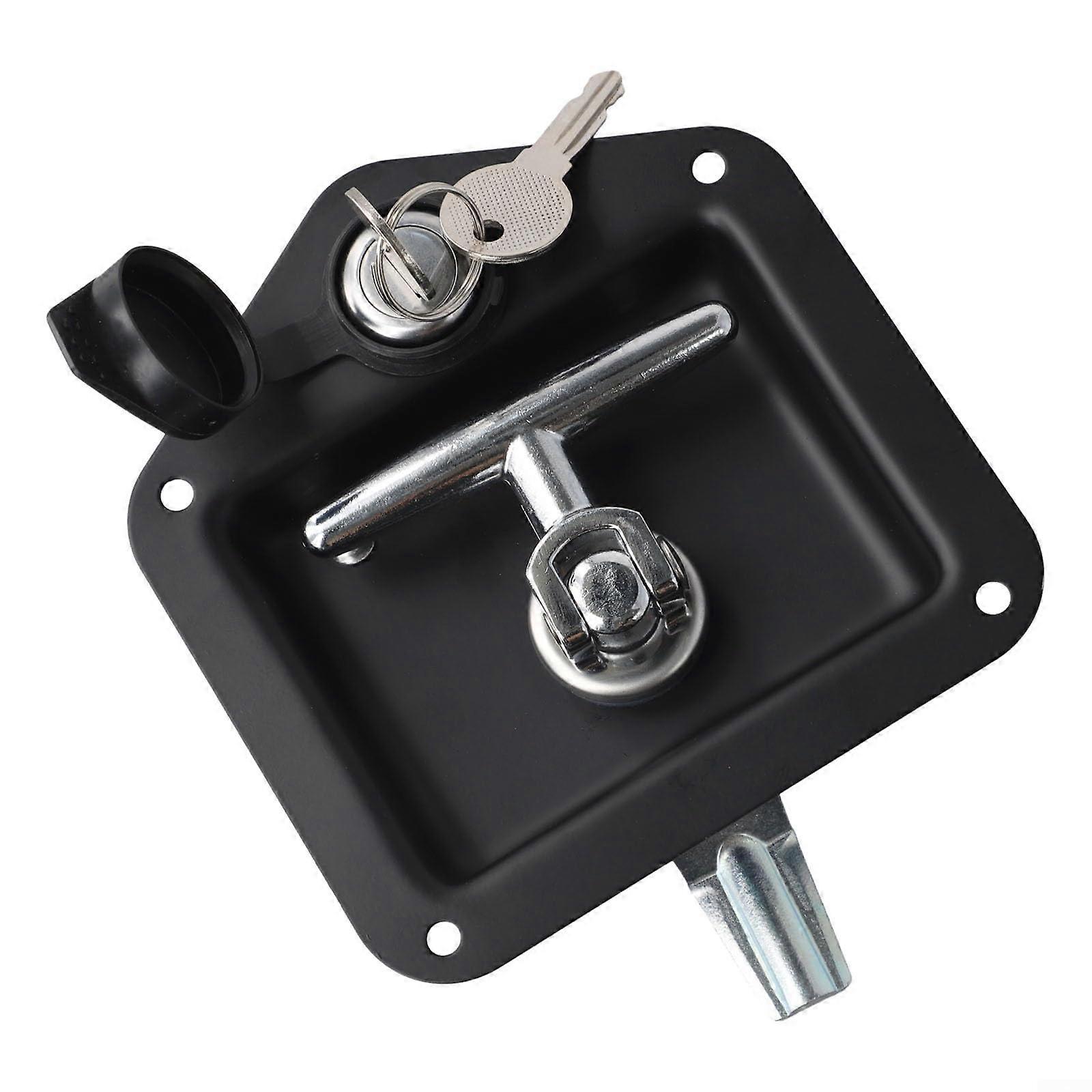 Foldable Thandle lock made of stainless steel for trucks and trailers, door locking with 2 keys, suitable for toolboxes and storage cabinets (Black).