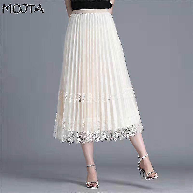Spring Summer Women's Midi Mesh Lace Pleated Skirt High Waist Slim A-line