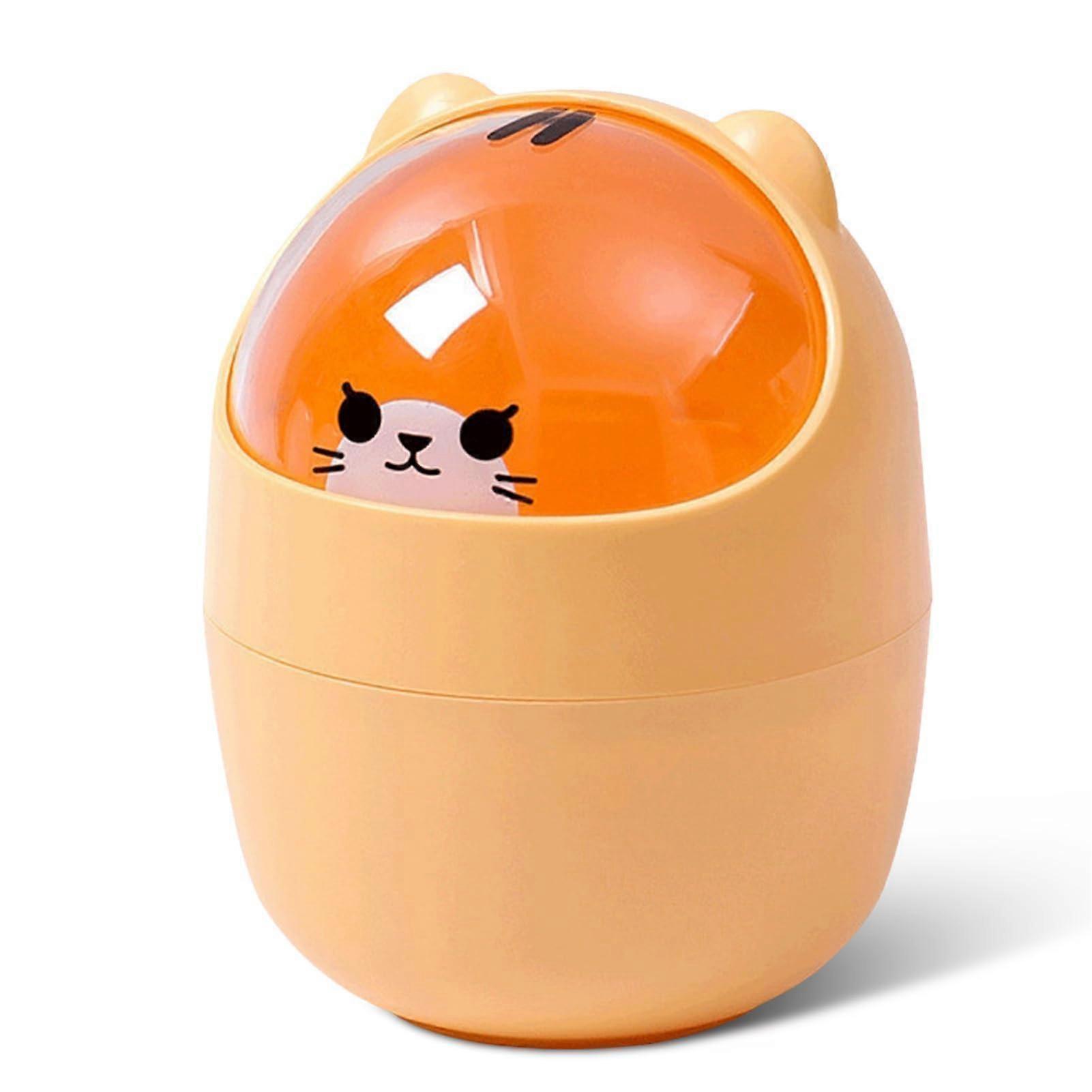 Cute Mini Desktop Trash Can, Yellow Cartoon Cat Waste Paper Bin with Swing Lid, Small Countertop Garbage Can for Office