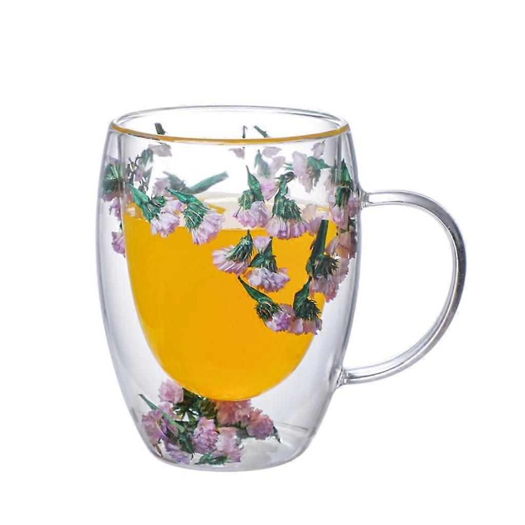 Drinking Glasses with Dry Flower Design and Glass Handle, 10oz Double Wall Coffee Cups for Hotel Canteens
