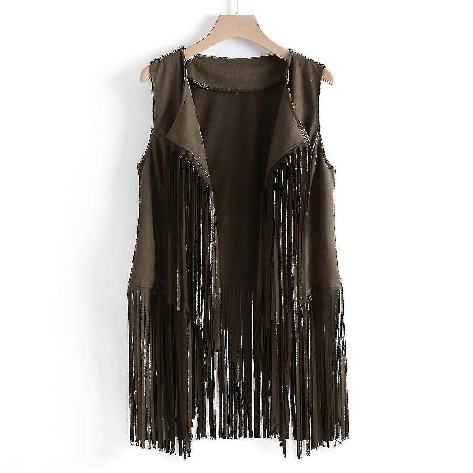 Women's Suede Sleeveless Fringe Vest, Solid Color Polyester Fiber for Spring and Autumn, Multiple Sizes Available