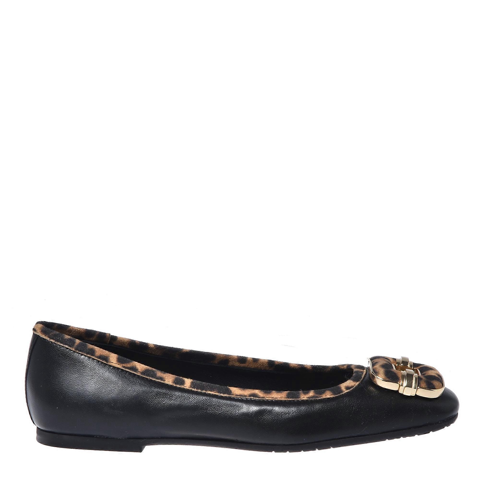 Baldinini - Black Leather And Leopard Print Suede Ballerina Flats
