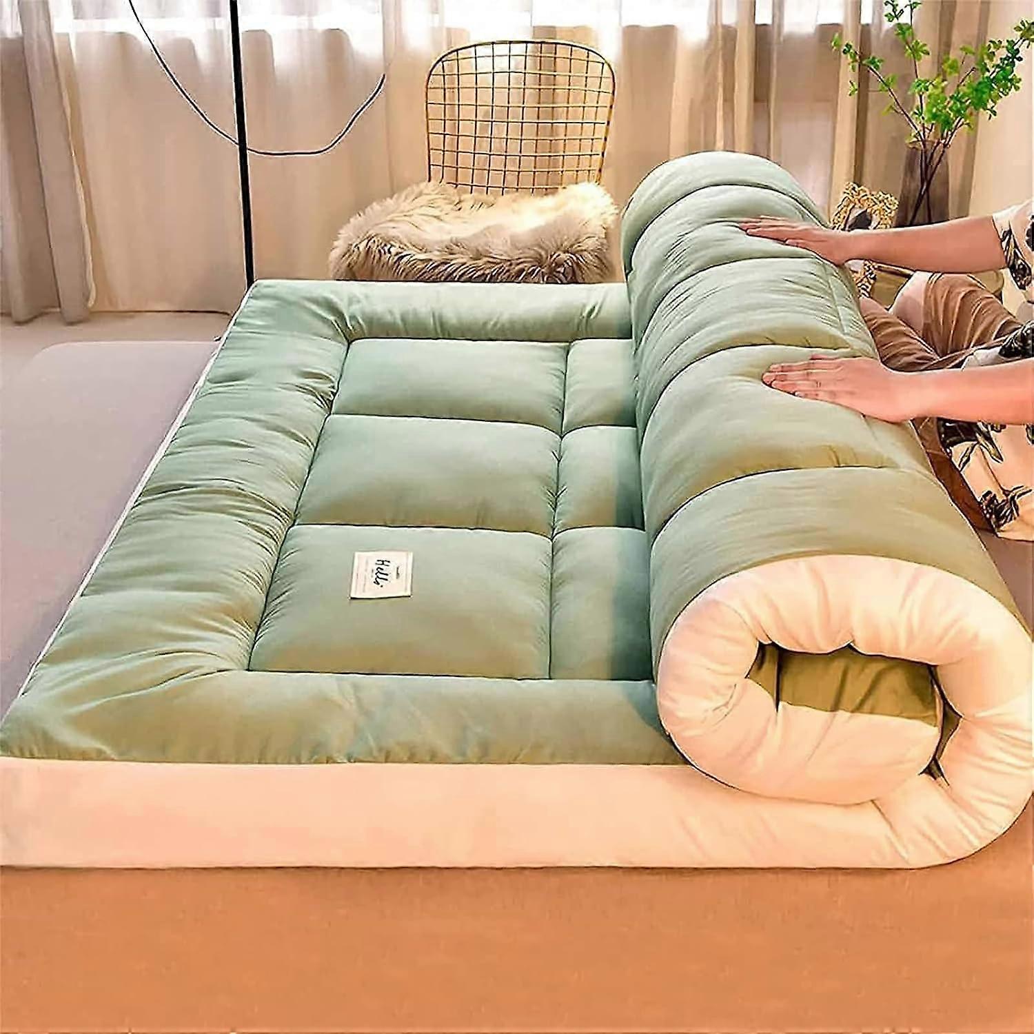 Thick Japanese Futon Mattress 120x200cm - Extra Fluffy Portable Roll Up Tatami Sleeping Mat in Green for Dorm Guest Couch
