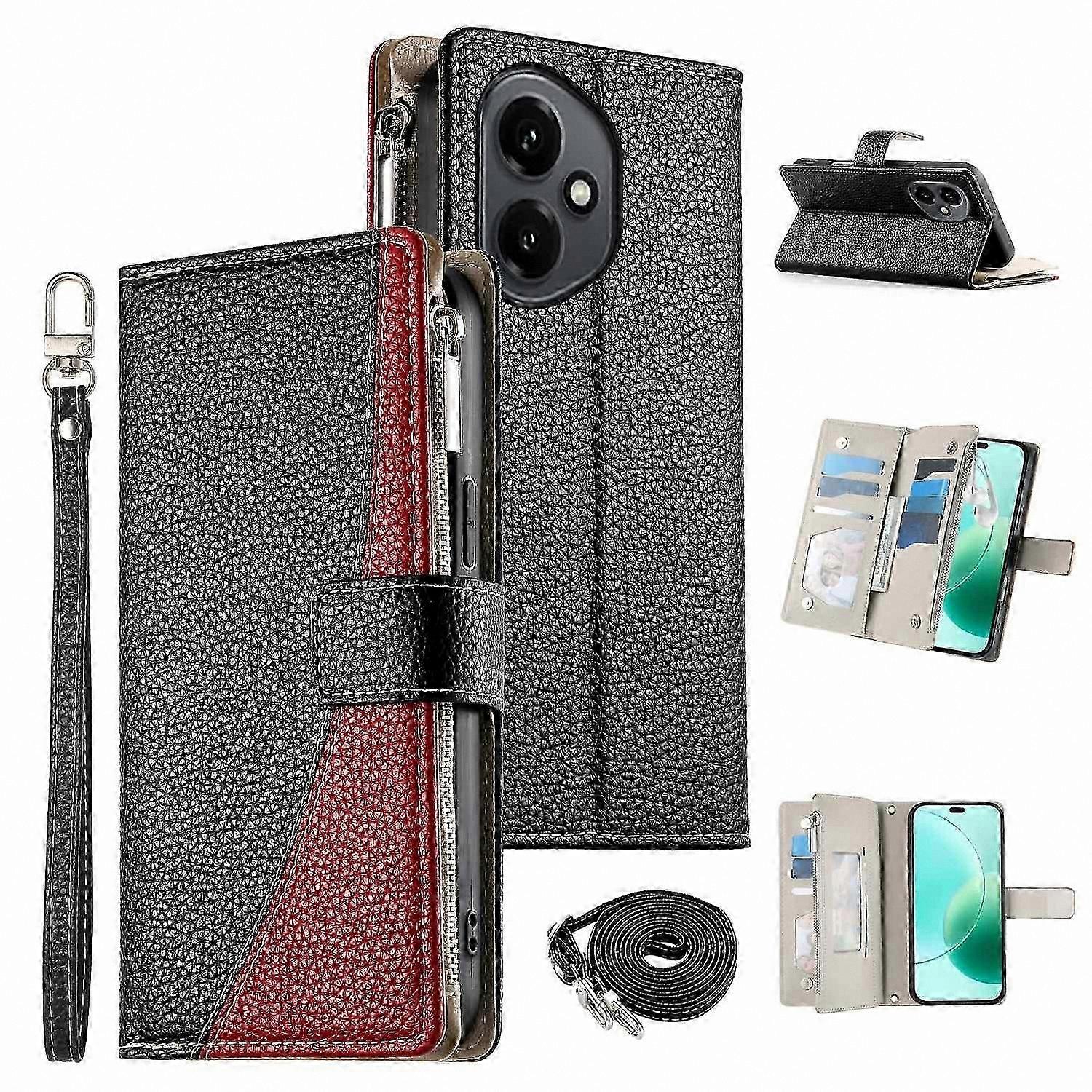 Leather Zipper Wallet Case with Straps for Honor 400 5G Global Model