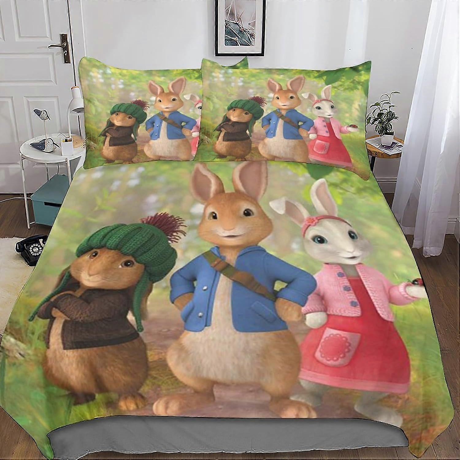 A12 3D Peter Rabbit Effect Quilt Bedding Set,movie Characters Printed Duvet Cover Set Soft Microfiber with Pillwocase 3 Pieces for Childrens And Adult