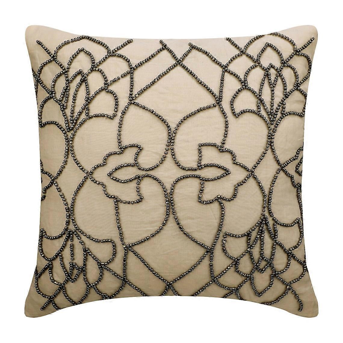 Pillow Case with Zipper, 14"x14" Beige Linen Floral Beaded Cover, Abstract Pattern Modern Style - Compatible with Decorative Pillows