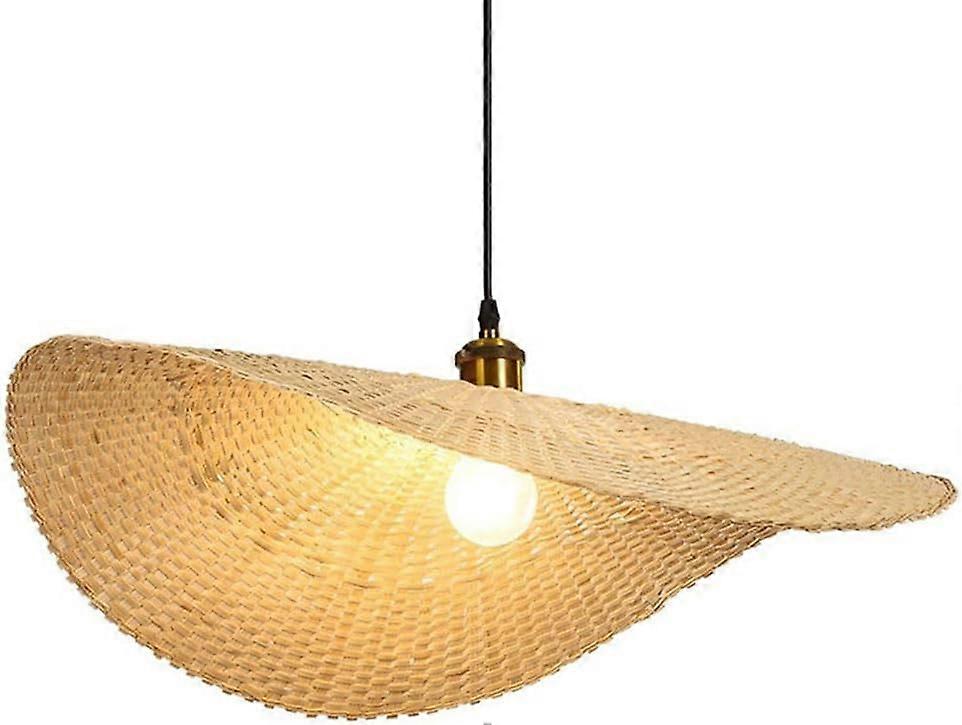 Woven Pendant Lamp Beige Wicker Shade Ultra Thin Lamp Shade Ceiling Hanging Light With Adjustable Cord Cage 15.7 In