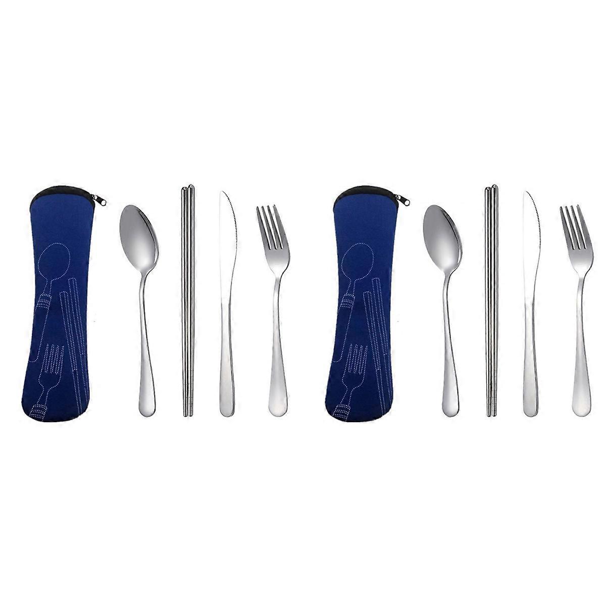 4Pcs Set Dinnerware Portable Spoon Fork Steak Knife Set Dark Blue