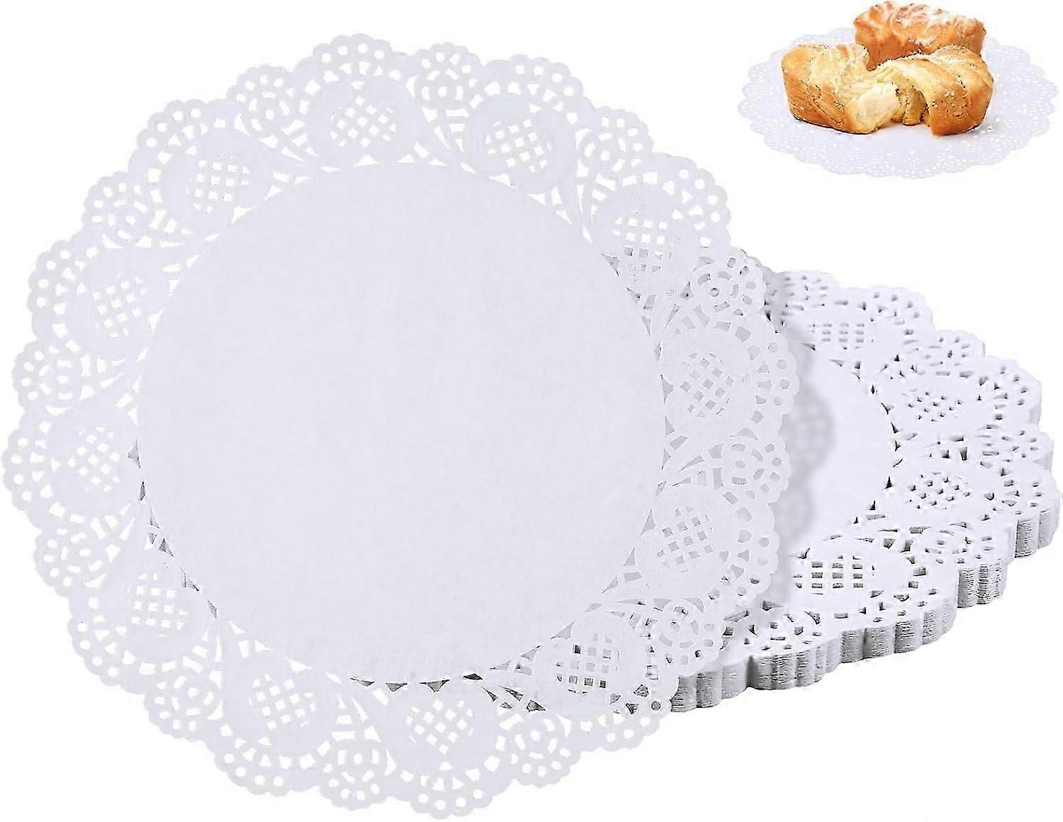 140 Pieces Paper Tableware, 12 Inch Food Tableware, Disposable Lace Paper Tablecloths, Round Paper Placemats Bulk for Cake Dessert Crafts (White)